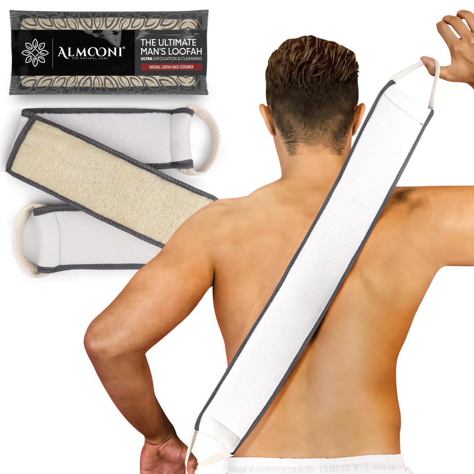ALMOONI sturdy natural loofah back scrubber in gray for deep exfoliation