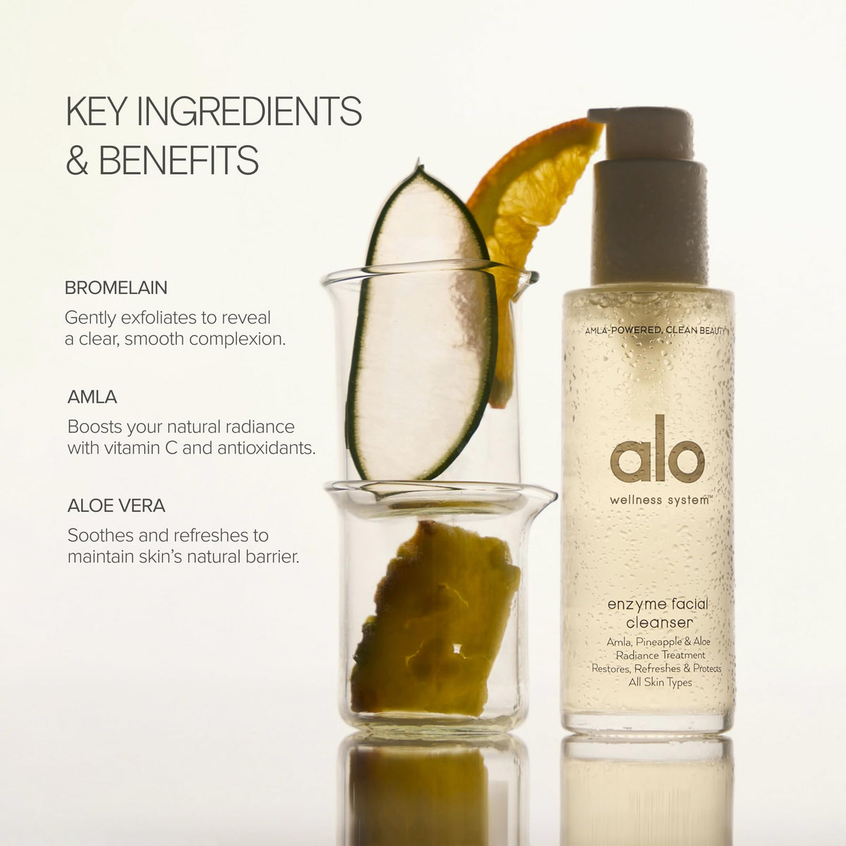 Alo Enzyme Facial Cleanser sun-kissed citrus fragrance enhances cleansing with a refreshing scent.
