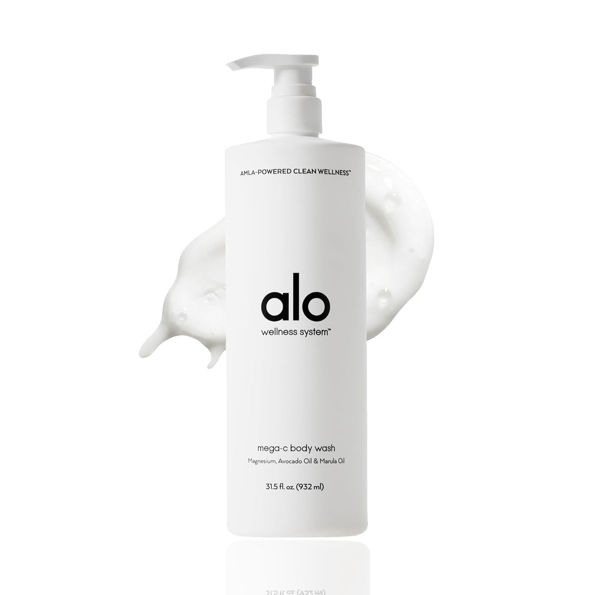 Alo Mega-C Body Wash bottle being poured for refreshing cleanse