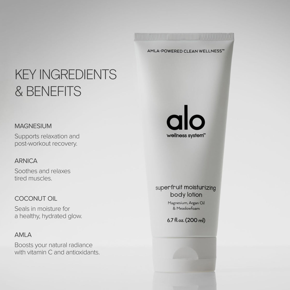 Alo Superfruit Lotion application gesture highlighting easy massaging action.