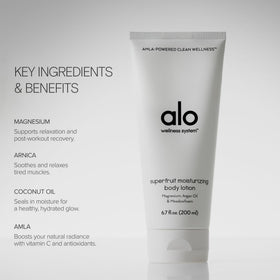 Alo Superfruit Lotion application gesture highlighting easy massaging action.