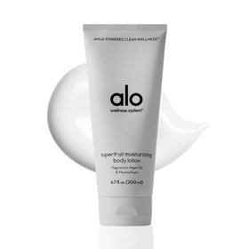 Alo Superfruit Lotion texture swatch showing smooth, fast absorption.