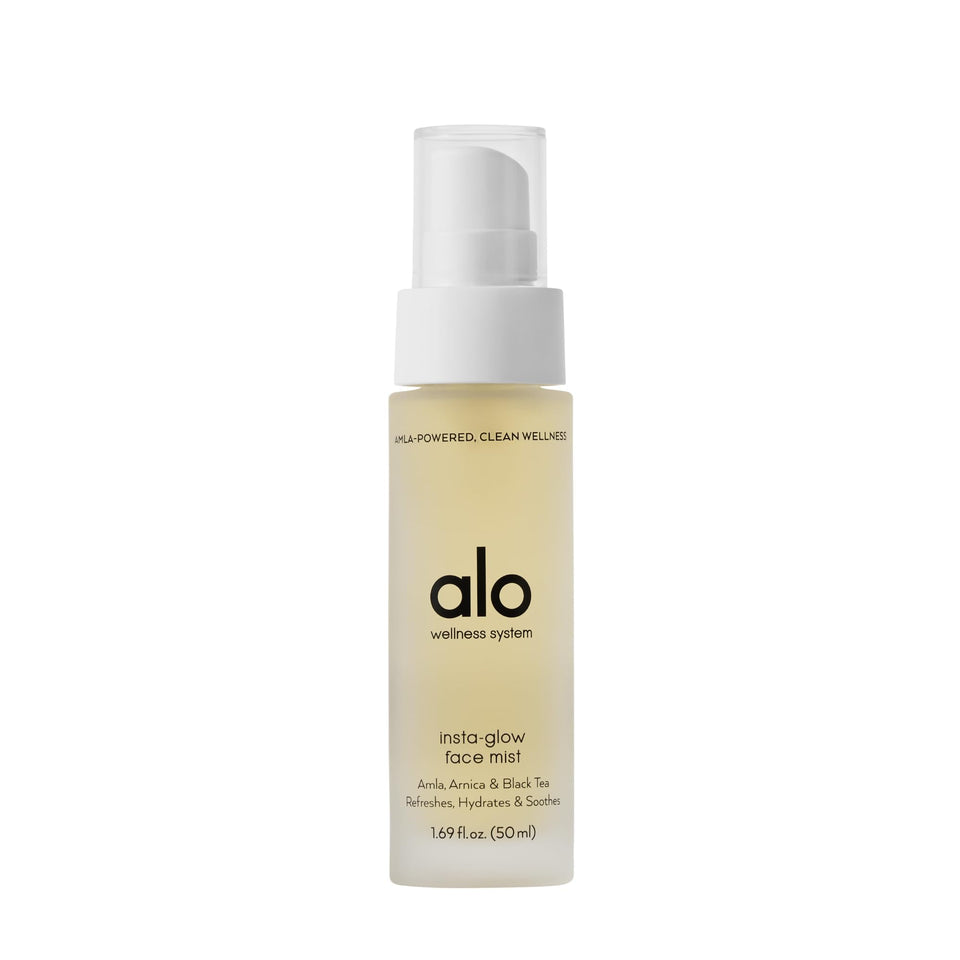 ALO Yoga Insta Glow Face Mist bottle for on-the-go hydration.