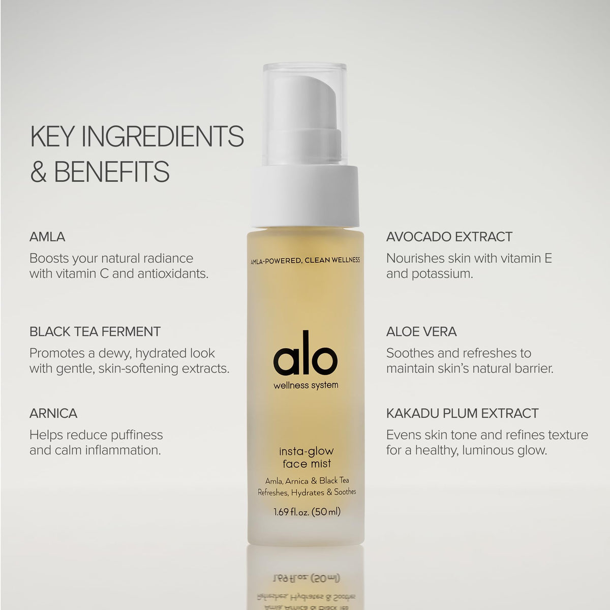 ALO Yoga Insta Glow Face Mist close-up applying on skin for a dewy look.