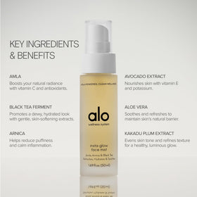ALO Yoga Insta Glow Face Mist close-up applying on skin for a dewy look.