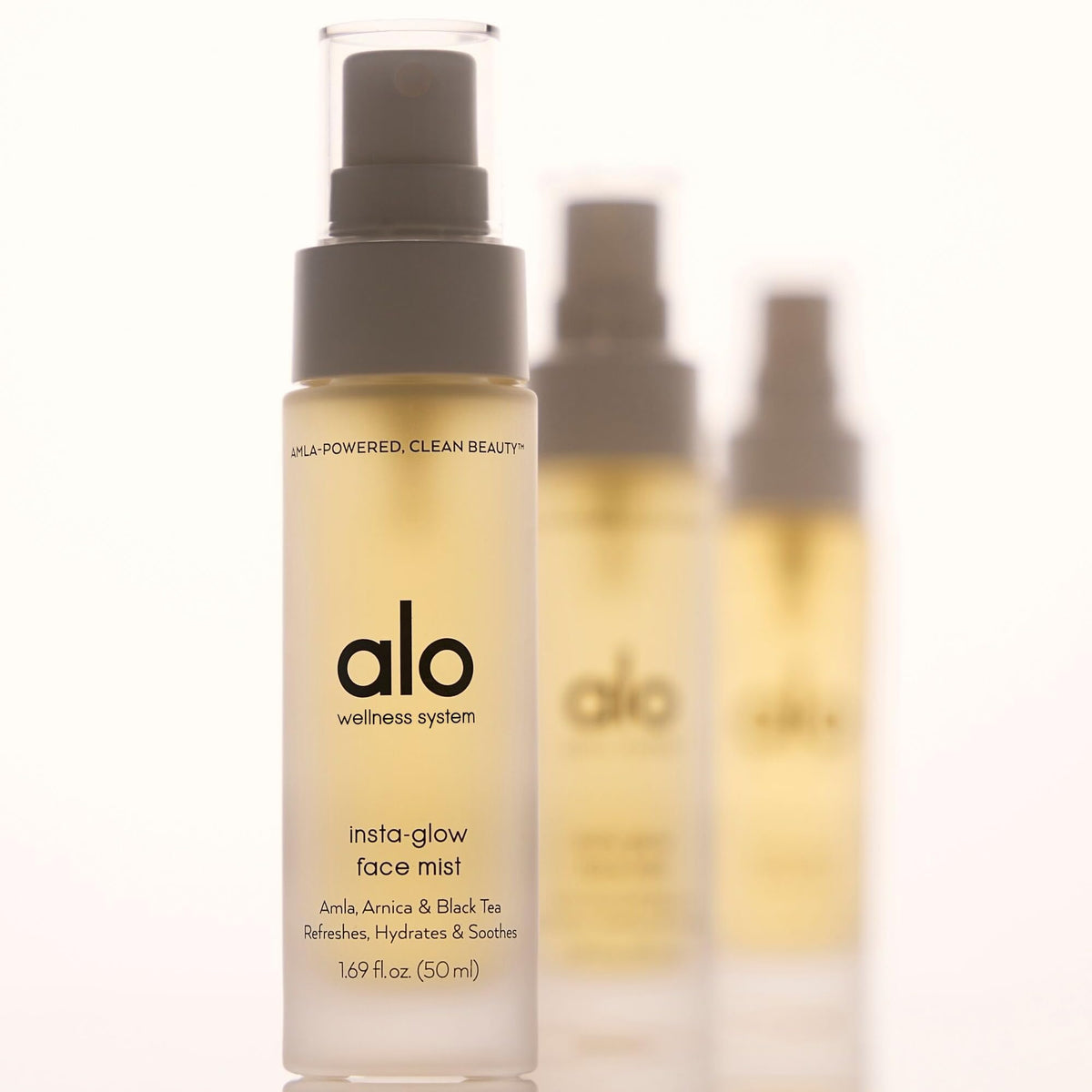 Packaging of ALO Yoga Insta Glow Face Mist highlighting compact size.