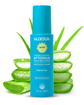 ALOESUN after sun spray bottle for quick, non-sticky skin relief.