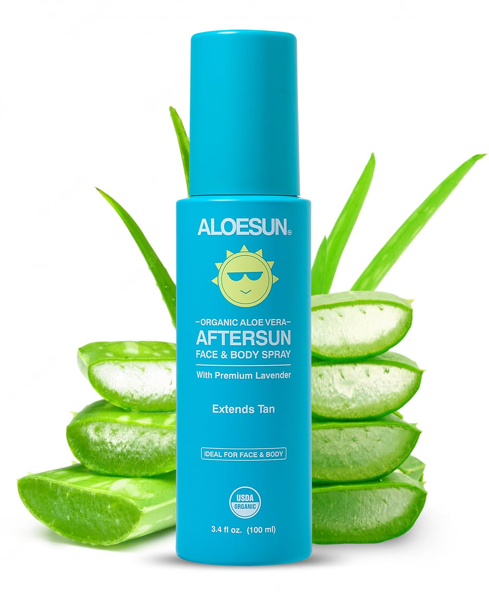 ALOESUN after sun spray bottle for quick, non-sticky skin relief.