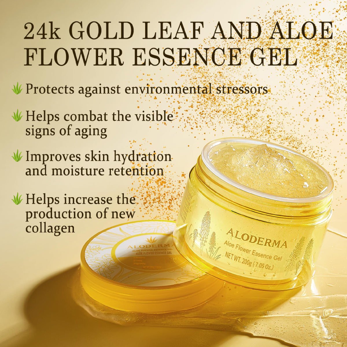 Aloderma 24K gold leaf gel close-up highlighting shimmer and glow.