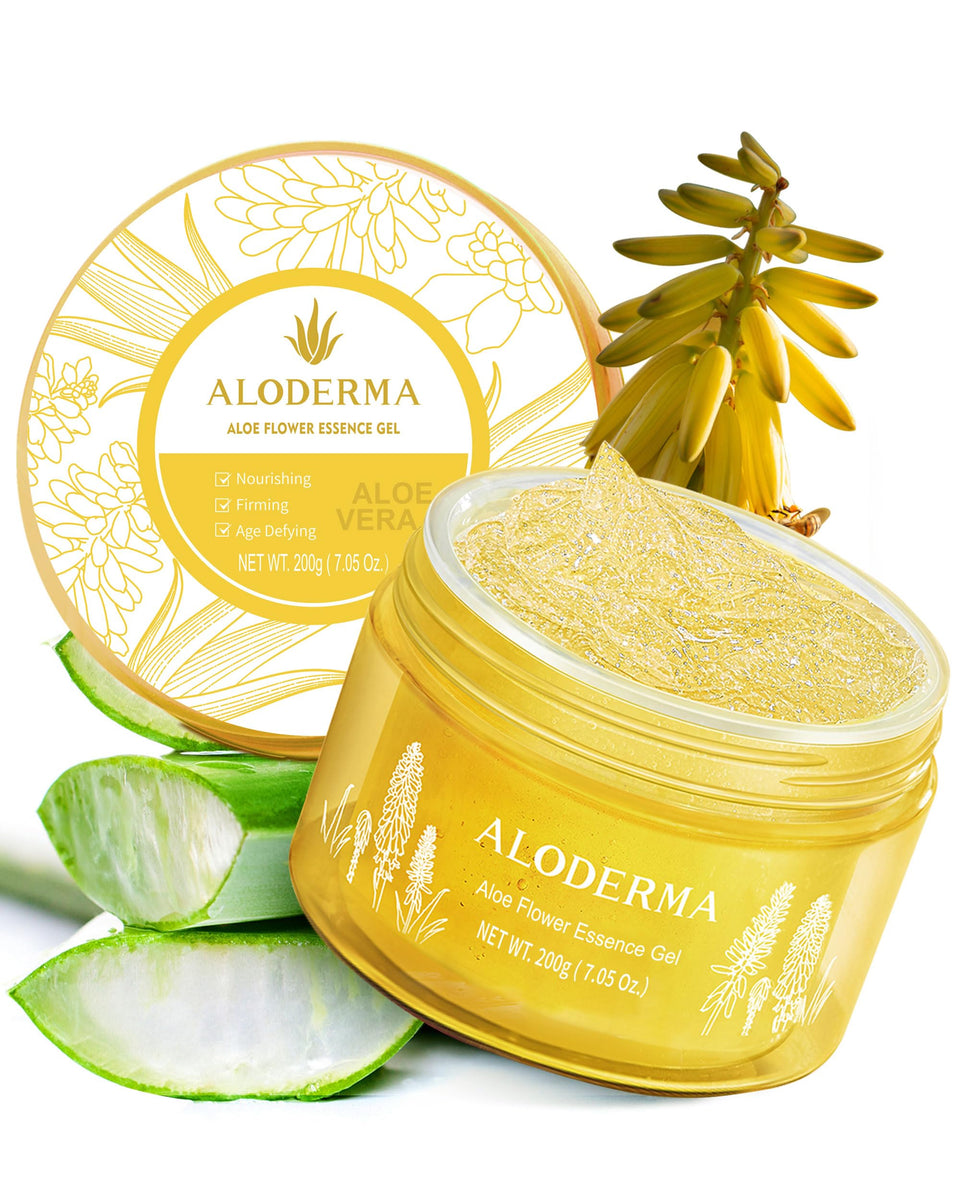 Aloderma age-defying 24K gold leaf gel bottle close-up for luxurious hydration.