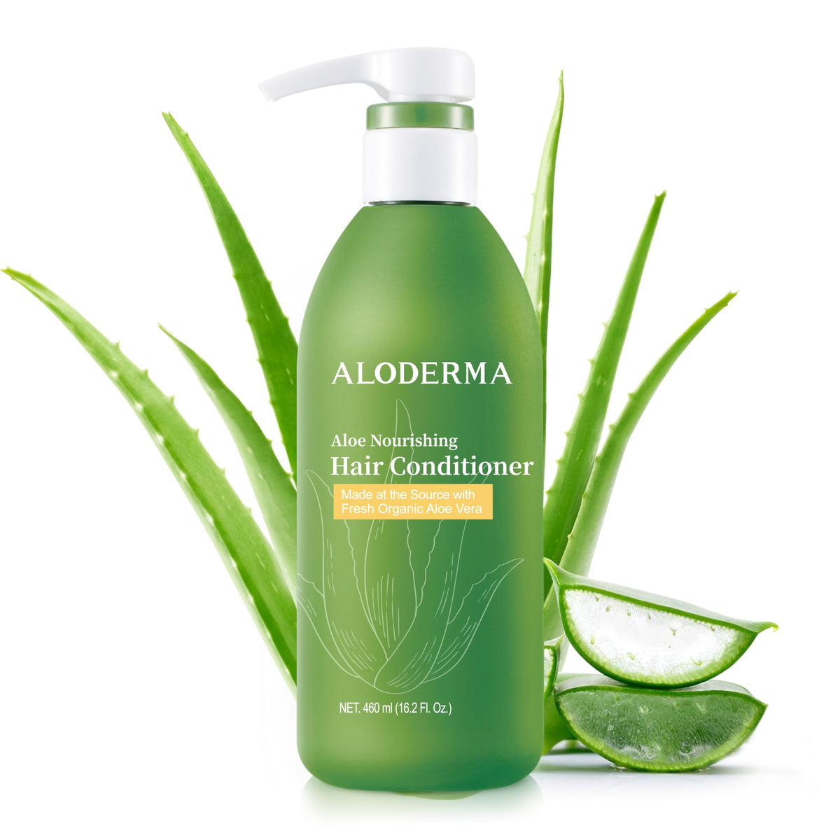 Aloderma Aloe Nourishing Conditioner bottle promotes hydration for softer hair