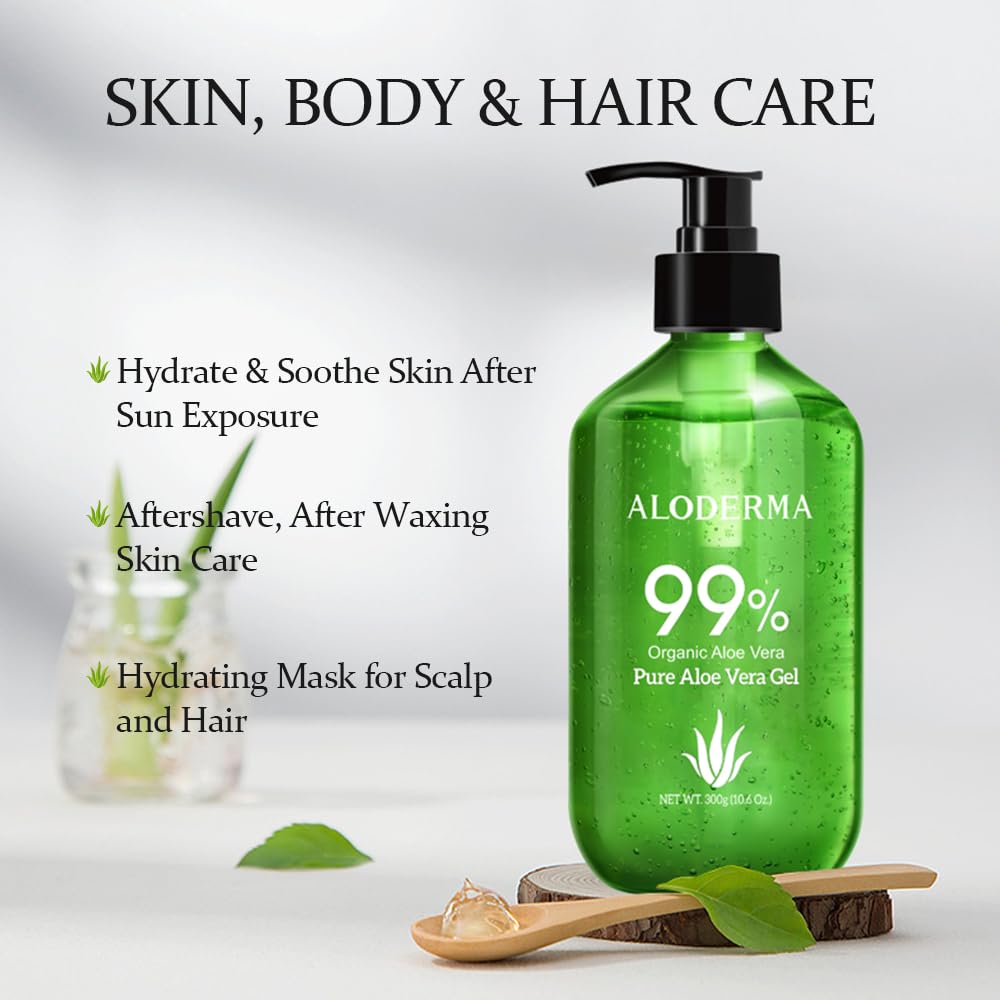 Aloderma Aloe Vera Gel on skin provides cooling soothing sensation.