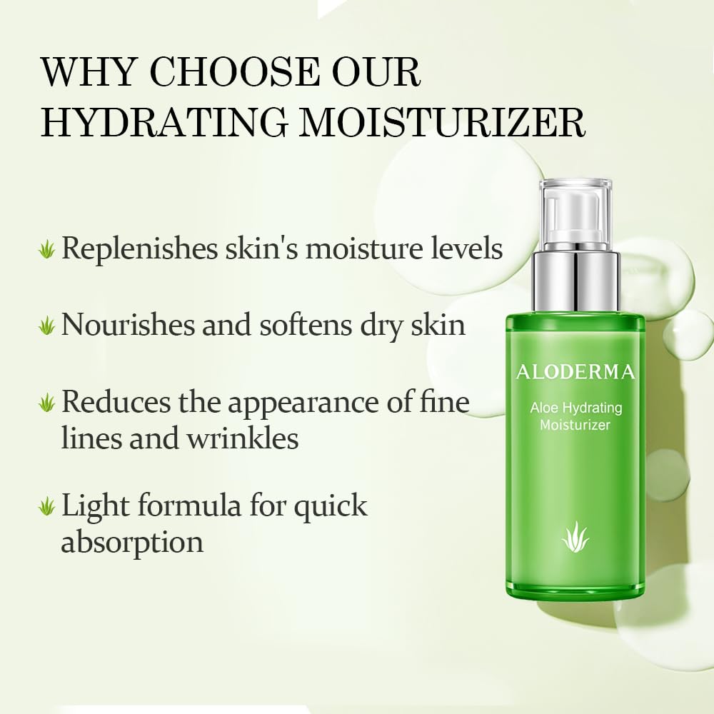 Aloderma Aloe Vera moisturizer application scene highlights lightweight, quick-absorb formula for daily use