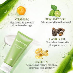 Aloderma face wash foam close-up highlights gentle lather and skin-softening action.