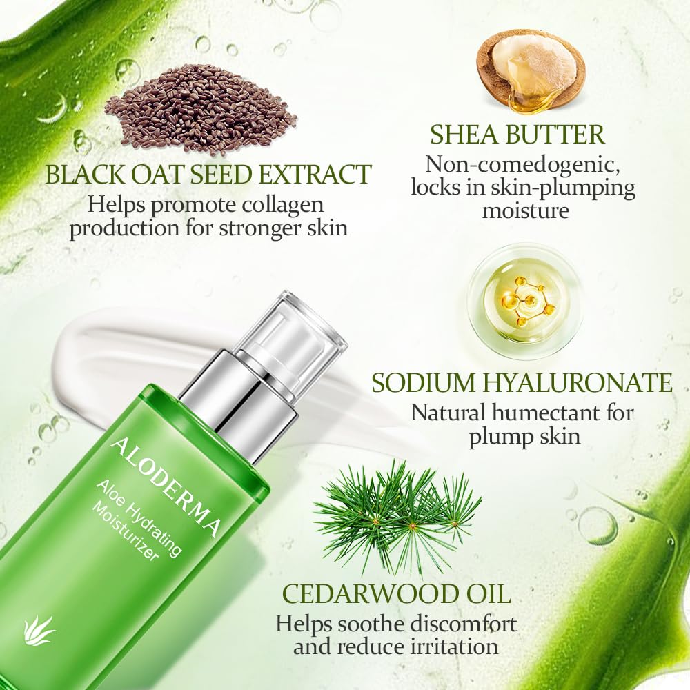 Aloderma Hyaluronic Acid hydration close-up suggests plump, refreshed skin without heaviness