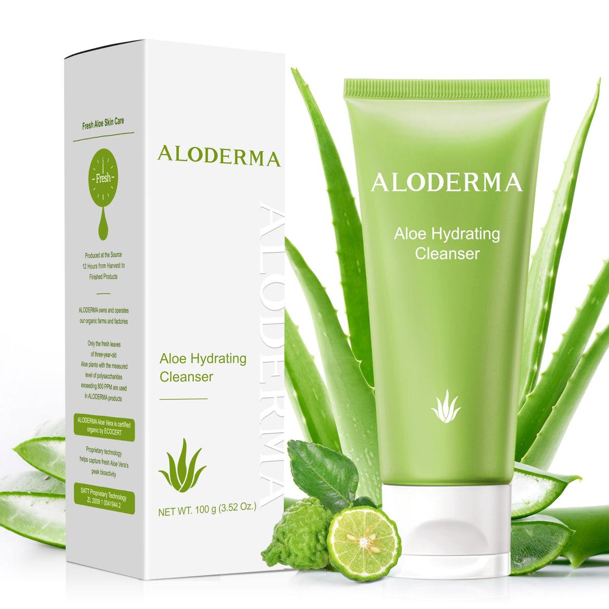 Aloderma Hydrating Cleanser bottle shown for daily cleansing and moisture balance.