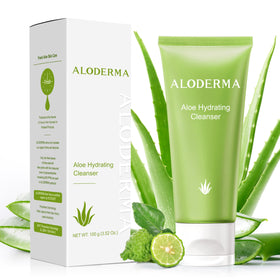 Aloderma Hydrating Cleanser bottle shown for daily cleansing and moisture balance.