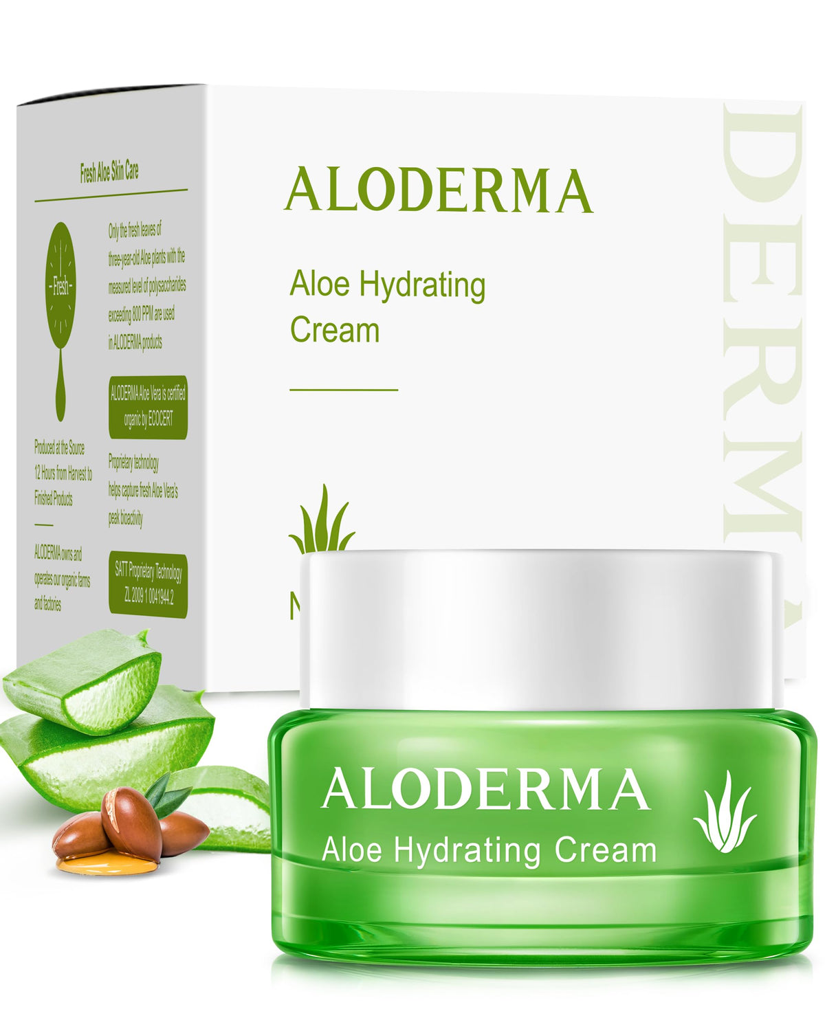 Aloderma hydrating face cream bottle displays lightweight oil-free moisturization for dry skin