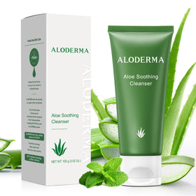 Aloderma Soothing Cleanser bottle front demonstrates gentle cleansing for sensitive skin.