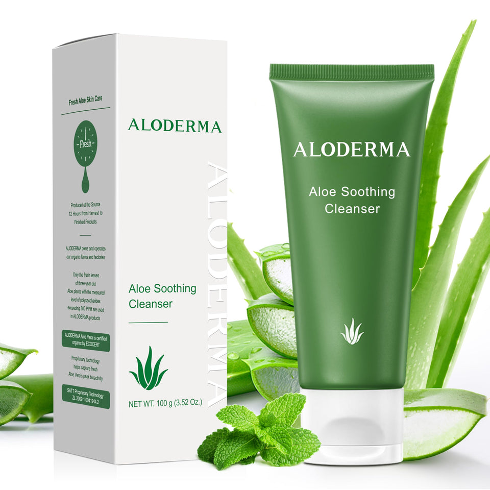 Aloderma Soothing Cleanser bottle front demonstrates gentle cleansing for sensitive skin.