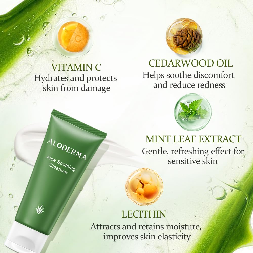 Aloderma Soothing Cleanser ingredients Aloe Vera highlighted for natural hydration.