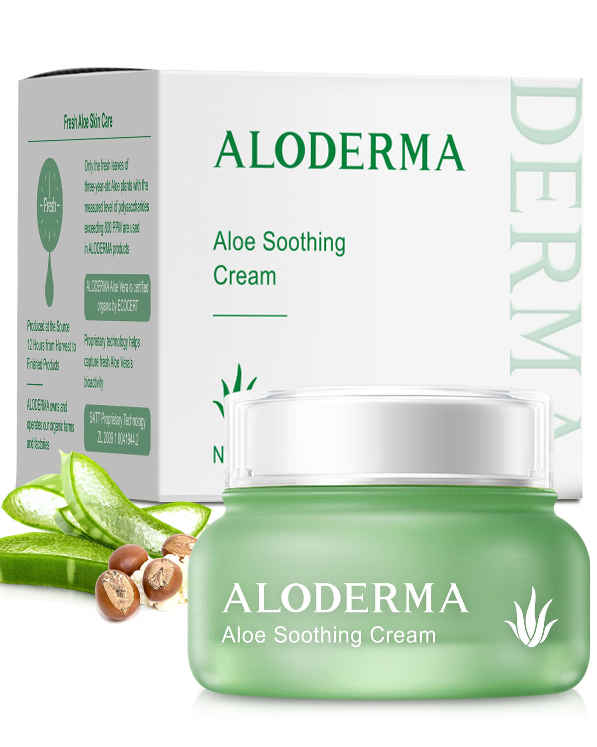Aloderma Soothing Face Cream jar label highlights 75% organic aloe for dry skin relief.