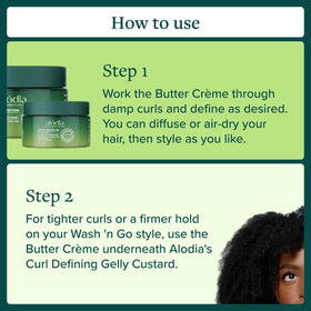 Defining finish of ALODIA Butter Crème enhances curl shape and manageability.