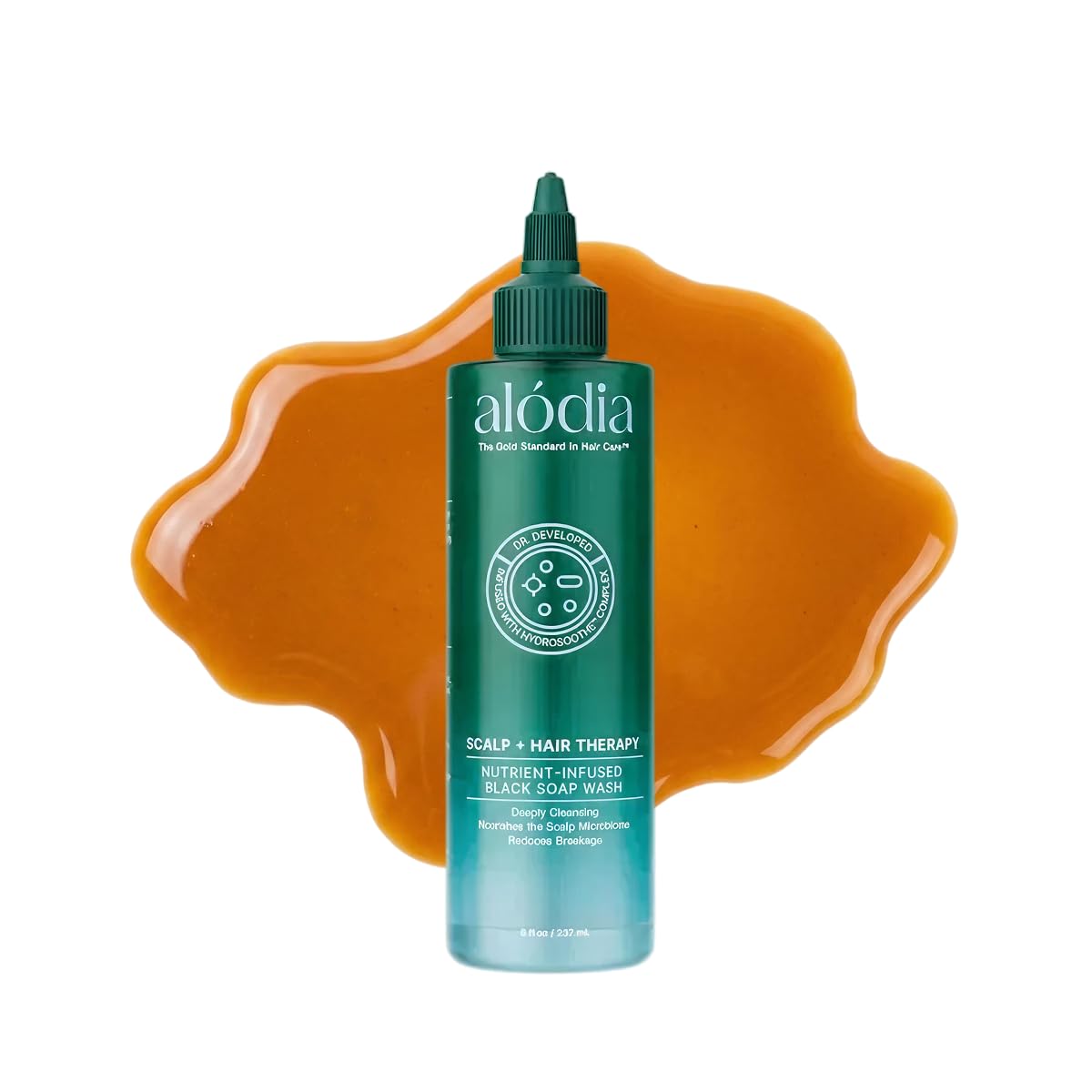ALODIA Nutrient-Infused Organic Black Soap Wash bottle pour for easy scalp cleansing.