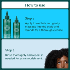 Detangling-friendly formula shown in ALODIA Black Soap Wash shot.