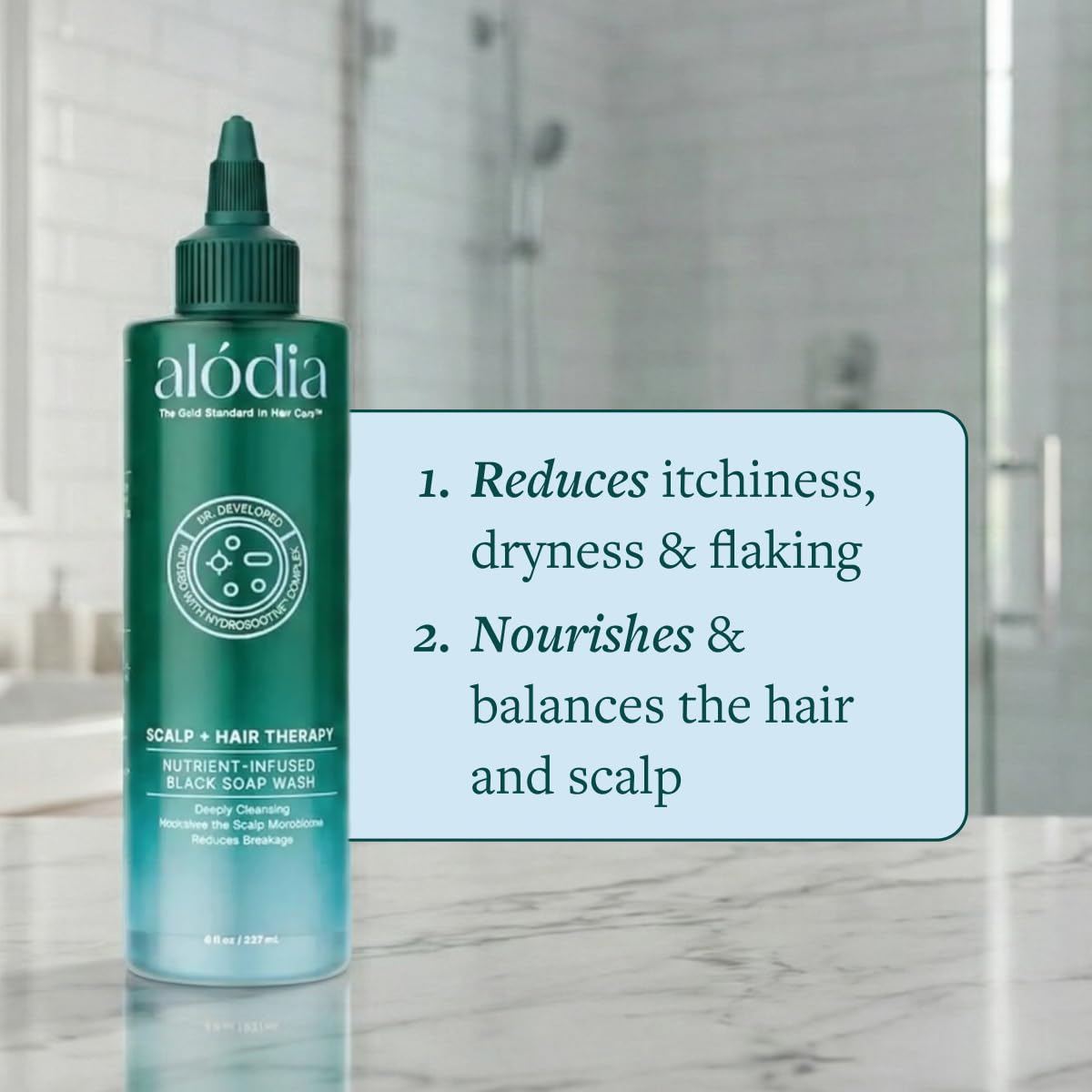 Hydration-focused HydroSOOTHE Complex supports scalp comfort in ALODIA wash.