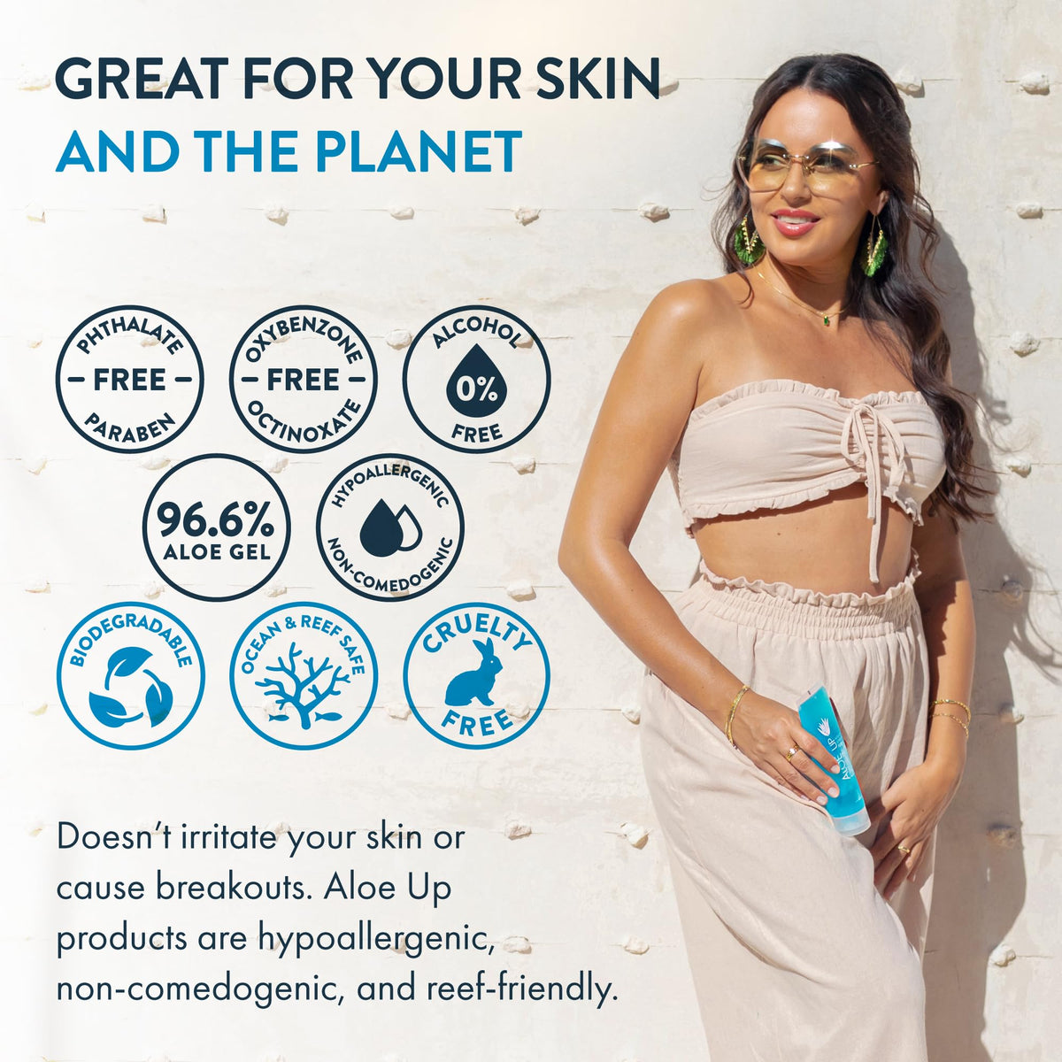 ALOE UP Reef-friendly gel ideal for beach and pool days.