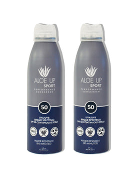 Aloe Up Sport Spray SPF 50 bottle for face and body protection on the go