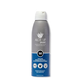 ALOE UP Sport Spray Sunscreen applied as a quick mist for active outdoor protection