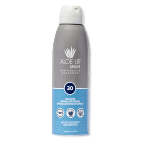 Aloe Up Sport Spray SPF 30 on face and body for active days with quick absorption.