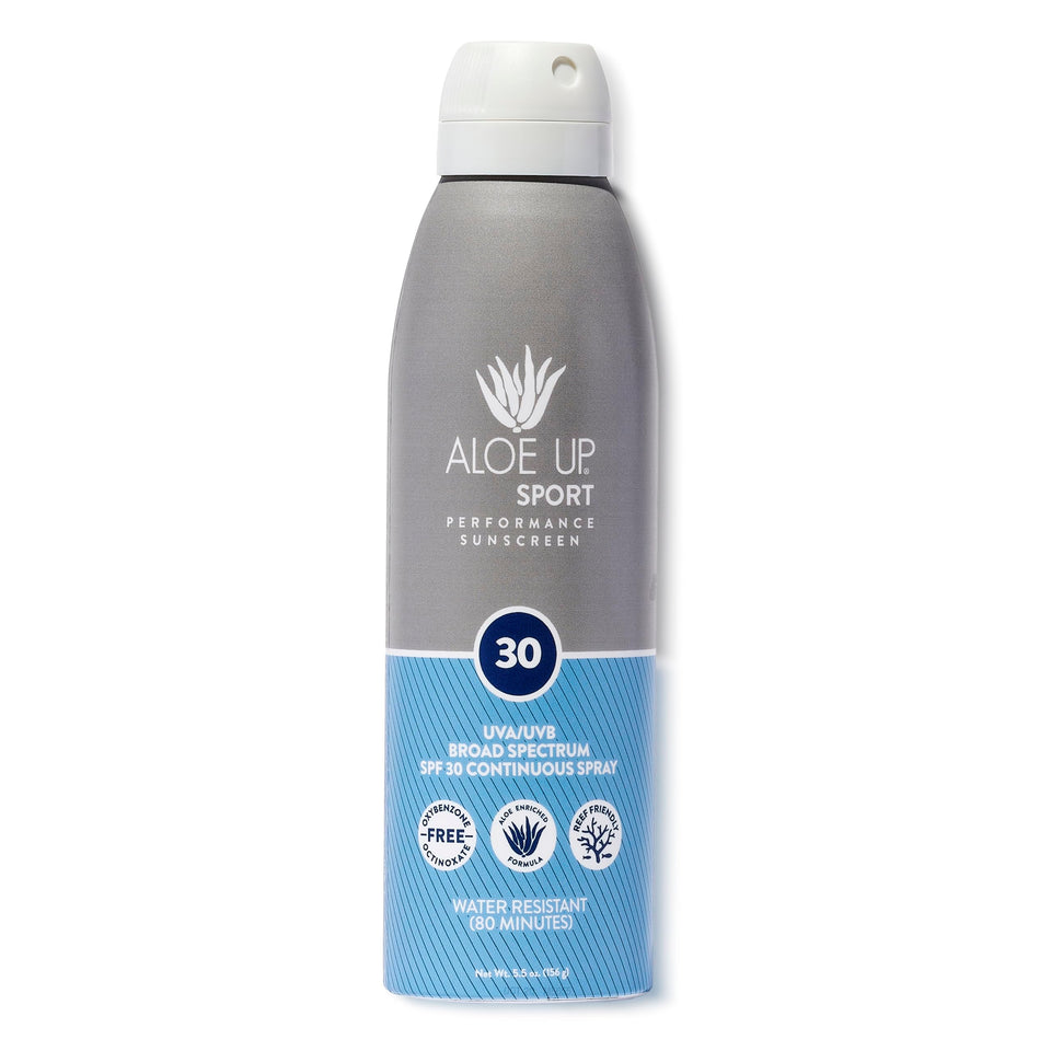 Aloe Up Sport Spray SPF 30 on face and body for active days with quick absorption.