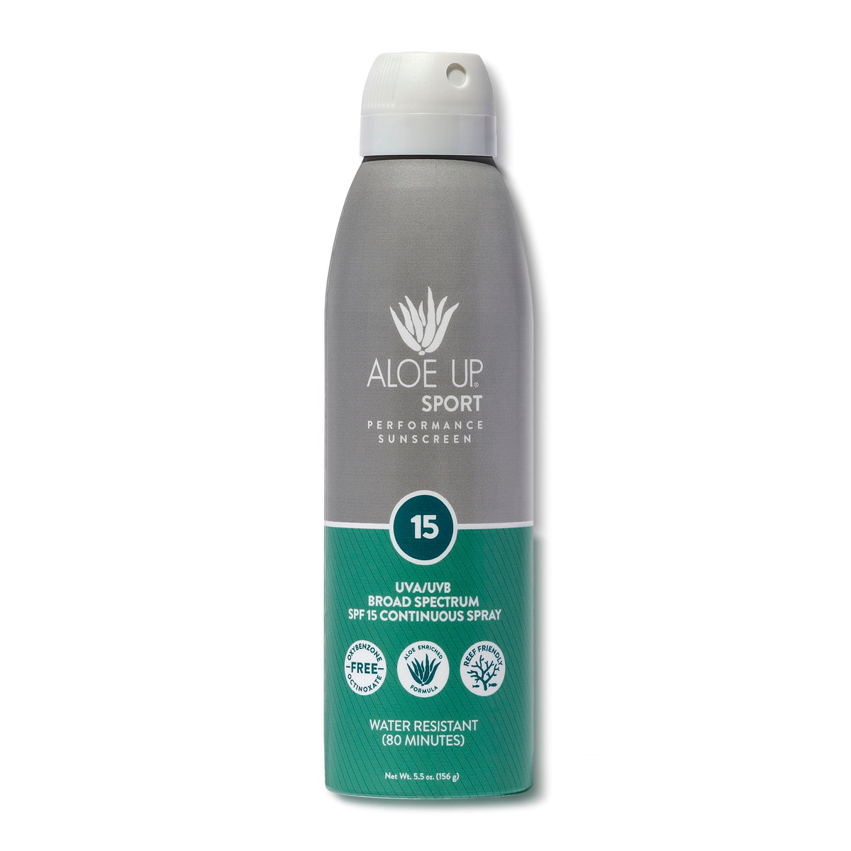 Aloe Up Sport Spray SPF 15 bottle showcases lightweight, fast-absorbing sun protection.