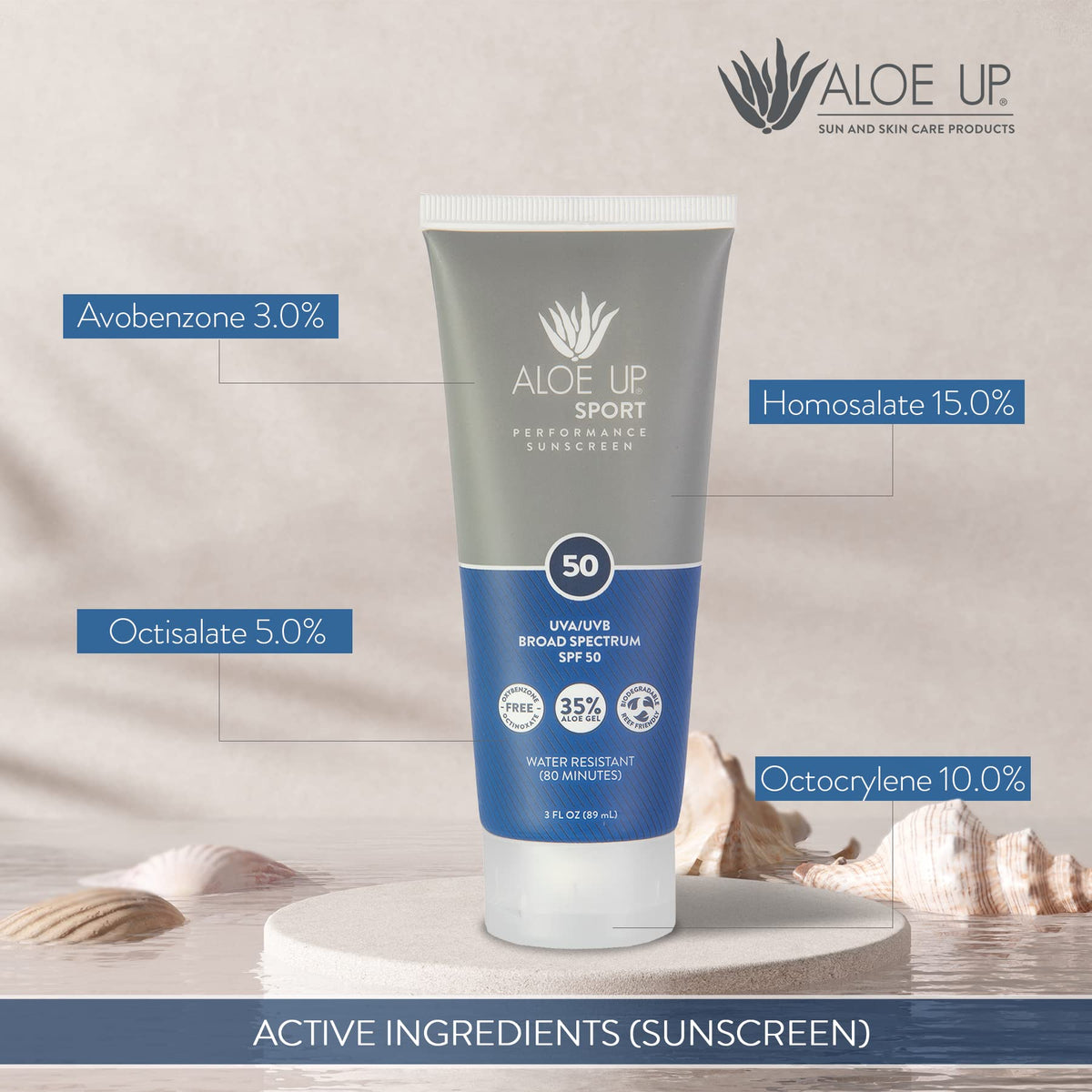 Aloe Up logo highlighting 35% pure Aloe Vera gel.