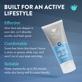 Aloe Up Sport Sunscreen bottle cap close-up highlights portable 3 oz size for on-the-go.