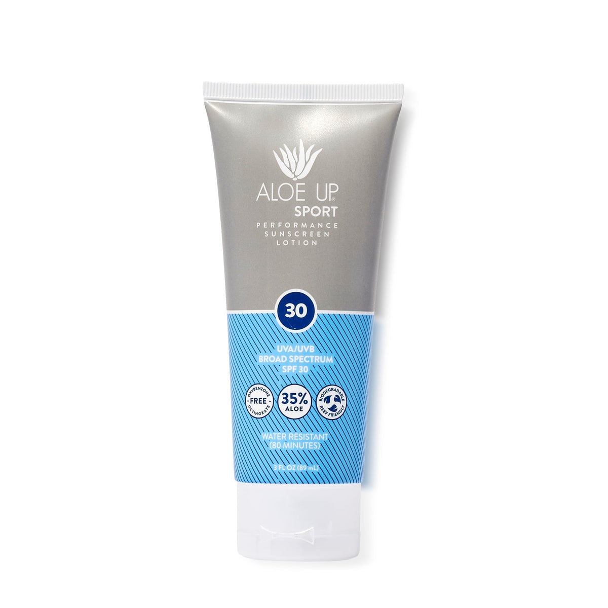Aloe Up Sport Sunscreen bottle front shows SPF 30 protection for active days.