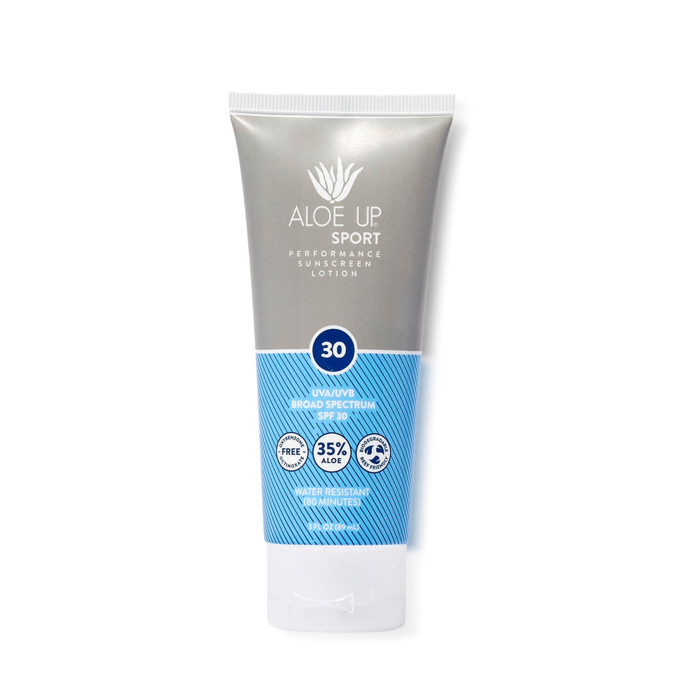 Aloe Up Sport Sunscreen bottle front shows SPF 30 protection for active days.