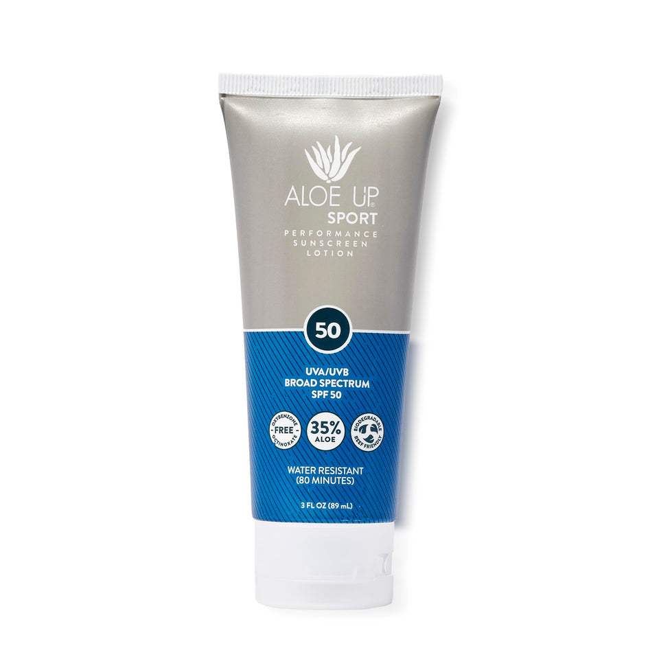 Aloe Up Sport Sunscreen bottle SPF 50 protecting skin during outdoor workouts.