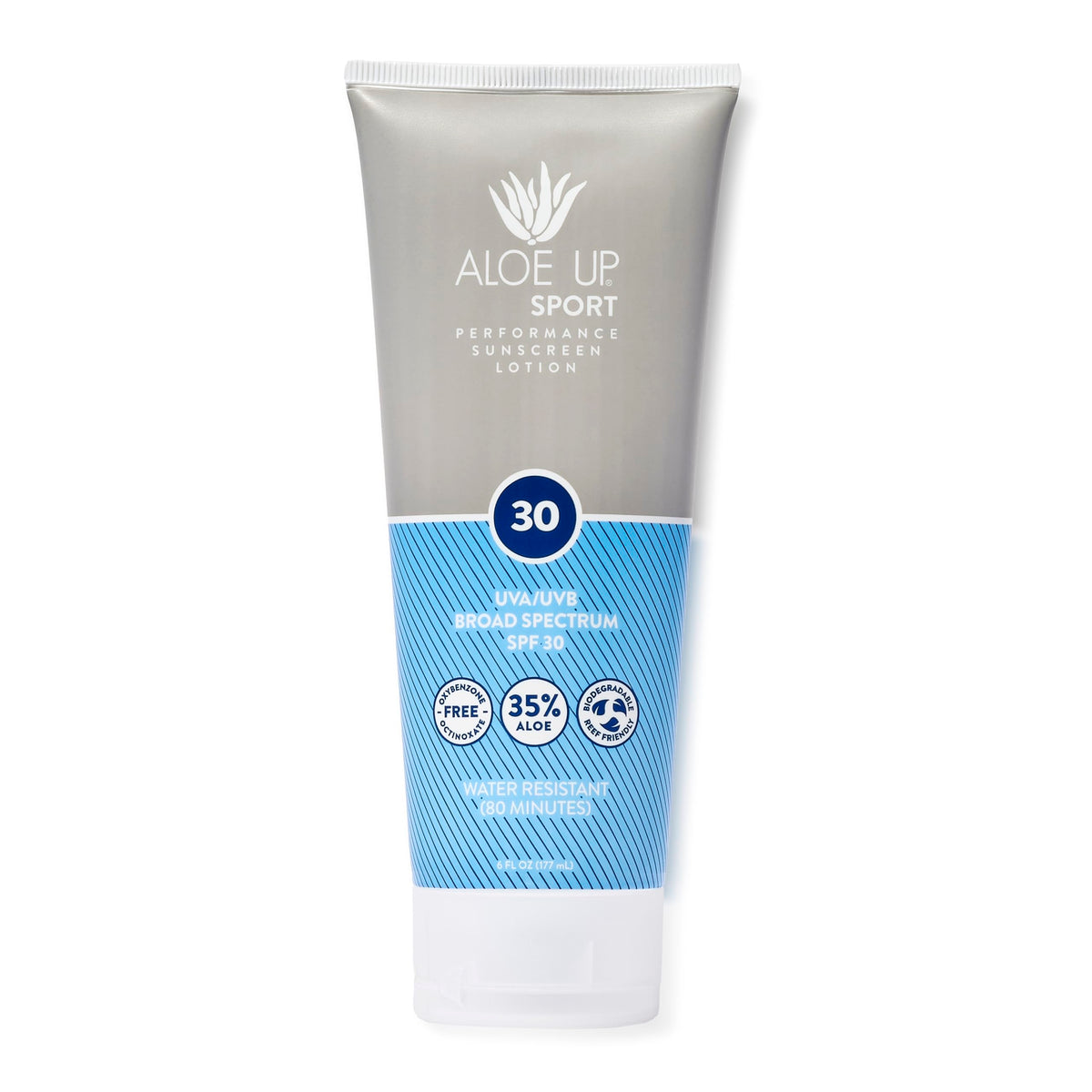 Aloe Up Sport Sunscreen bottle shows light, broad spectrum protection for outdoor activities.
