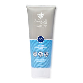 Aloe Up Sport Sunscreen bottle shows light, broad spectrum protection for outdoor activities.