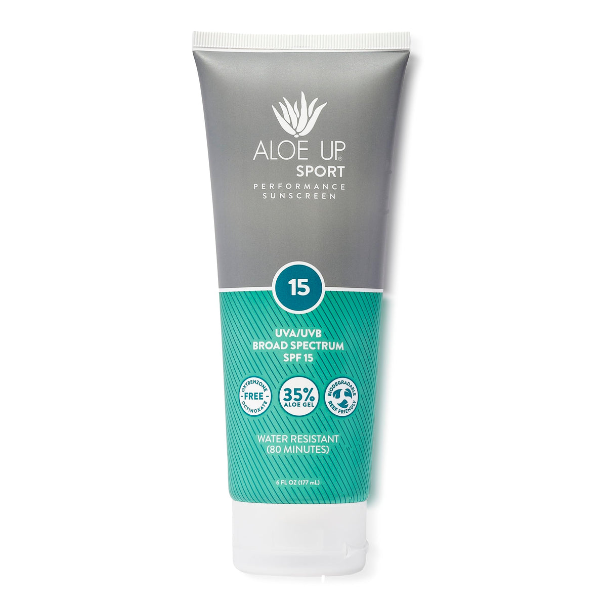 ALOE UP sport sunscreen bottle shown for portable SPF 15 protection during outdoor activities