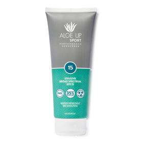 ALOE UP sport sunscreen bottle shown for portable SPF 15 protection during outdoor activities