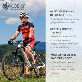Fragrance-free label on Aloe Up sunscreen communicates suitability for sensitive skin.