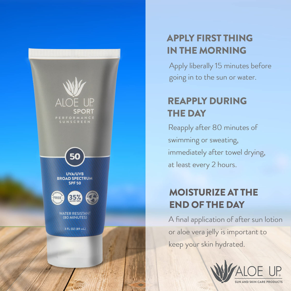 Aloe Up Sport Sunscreen bottle with fragrance-free, ocean-friendly formula.
