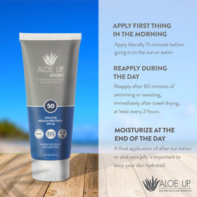 Aloe Up Sport Sunscreen bottle with fragrance-free, ocean-friendly formula.