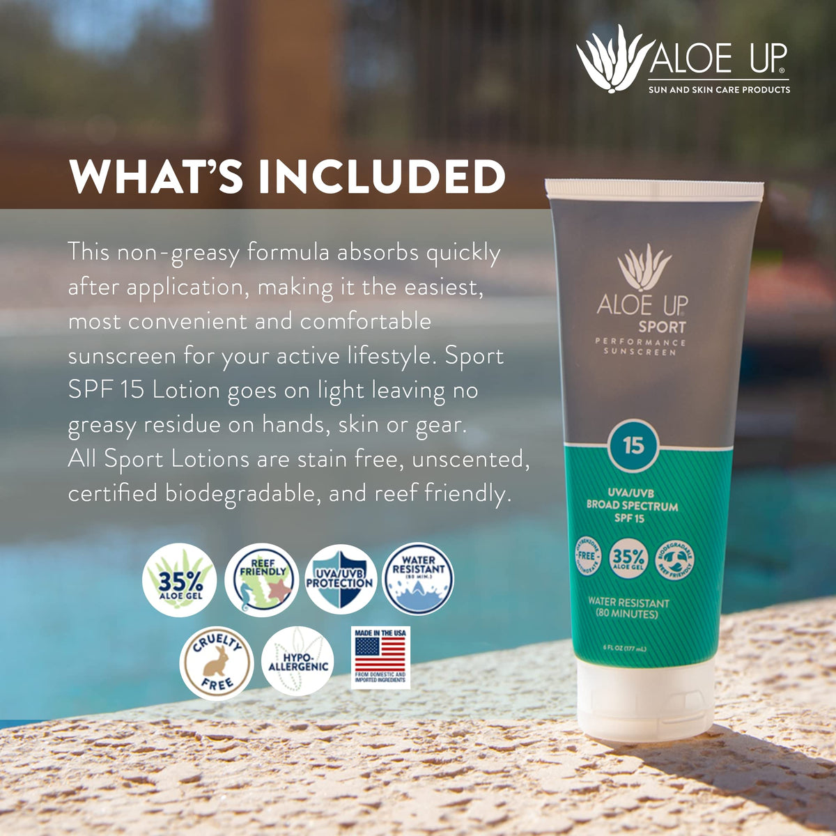 ALOE UP sport sunscreen reef-friendly and fragrance-free for beach use