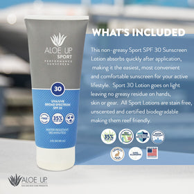 Reef-friendly icon with Aloe Up SPF 30 sunscreen signals eco-conscious protection.